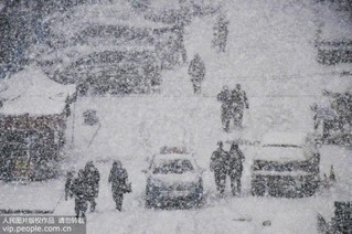 12月11日，行人在山东省烟台市福山区永安街冒雪出行。
