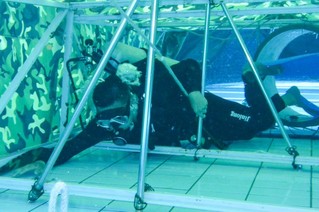 7月29日，在武警重庆总队船艇支队，潜水员进行水下搜寻训练。新华社发（罗俊 摄）