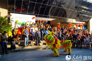 巴西民众在里约天文馆前观看舞狮表演。四川省文化和旅游厅供图。
