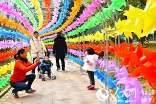 市民在风车长廊拍照