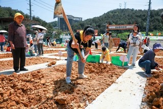 洪平（左二）在母亲指导下松土。