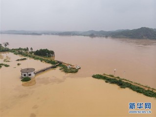 7月10日,湘江大堤湖南衡山县长江镇曹家湖段出现漫堤决口(无人机拍摄)