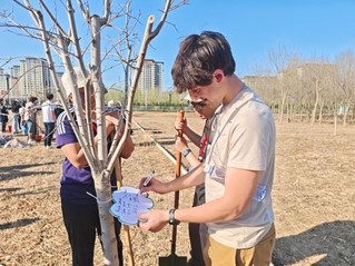 3月20日，海登·约翰逊和伙伴们在中美友谊传承林中植树并签名留念。新华社记者 陆君钰 摄
