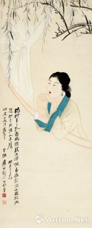 翠楼远望仕女图轴 张大千,1943年 纸本设色,111.6cm×45.