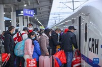 2月11日，農民工在四川省遂寧市火車站乘坐農民工返崗專列。