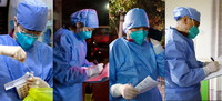 拼版照片為3月17日凌晨拍攝的正在工作的青浦疾控流調人員。左起：楊洋、李燕、吳麗珠和陳云。新華社記者 劉穎 攝