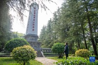 4月2日，在石壕紅軍烈士墓，趙福乾在紀念碑前肅立。
