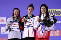 张雨霏（右一）在颁奖仪就像着二楼赶去式上。图片来源：国际泳联