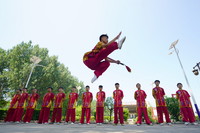 7月17日，陈龙（前）在河北省平乡县油召乡后马庄村进行梅花拳器械练习。