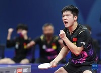 2022年10月9日，中国队选手樊振东在比赛中庆祝得分，他以3:0战胜德国队选手贝内迪克特·杜达。当日，在成都世乒赛男团决赛中，中国乒乓球男队3:0战胜德国队。 新华社记者江宏景摄